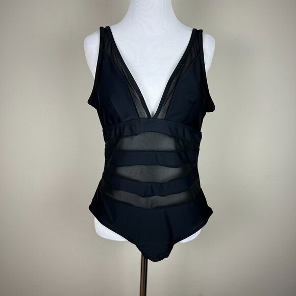 Cutout Mesh Sheer Swimsuit Womens XL Black One Piece Padded Bust V-Neck Low Back - Picture 1 of 11